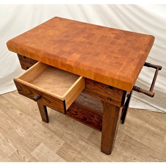 Arts & Crafts Vintage Butcher Block Carving Table Oak Base With Drawer Shelf End Cut Maple Top For Sale - Image 3 of 15