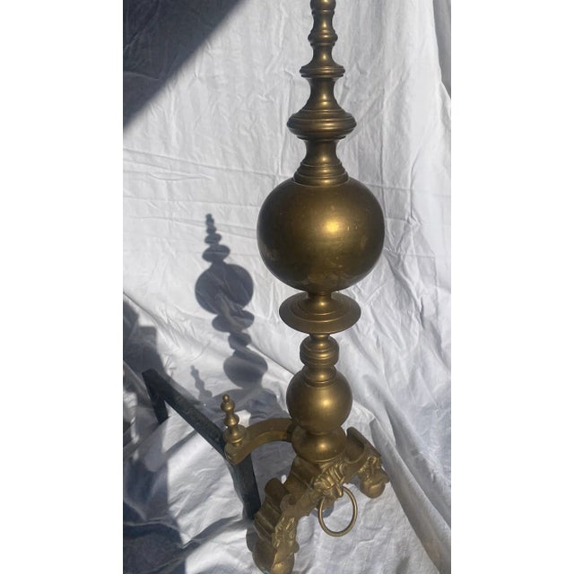 Early 20th Century Early 20th Century Brass Andirons With Lion Detail - Set of 2 For Sale - Image 5 of 6