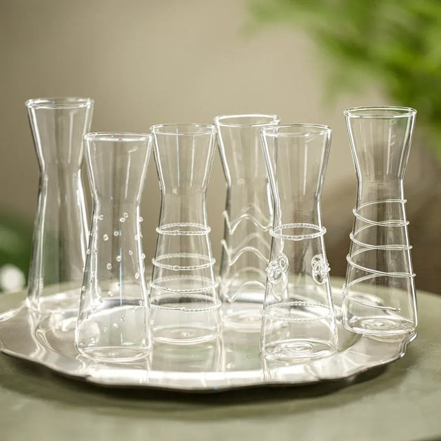 Six Assorted Design Individual Carafes. Perfect for brunch or cocktail hour. Materials: Blown Glass - 6.5 fl oz capacity...