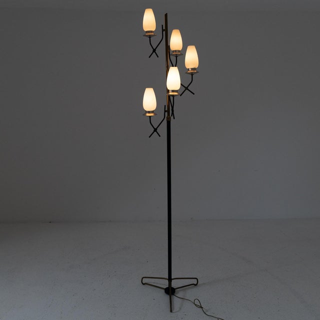 Iconic Italian floor lamp from the 1950s, with five light points arranged on “X” shaped metal arms, in black painted metal...