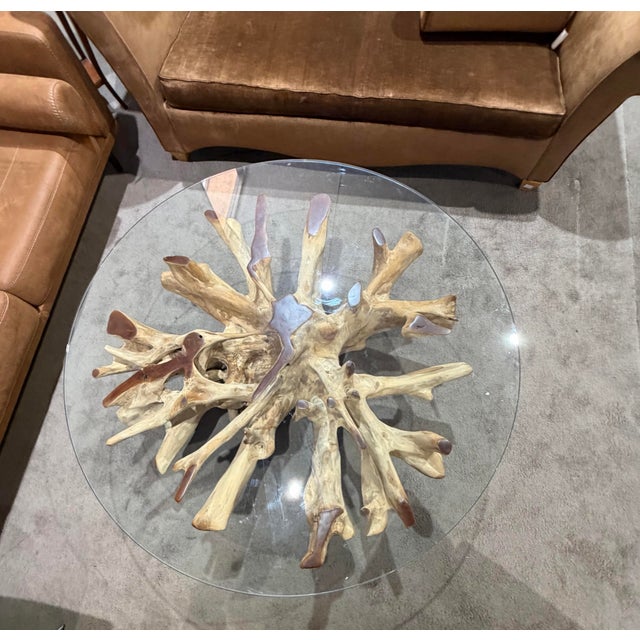Late 20th Century English Elm “New Orleans” Teak Root Coffee Table With Round Glass Top For Sale In Las Vegas - Image 6 of 7