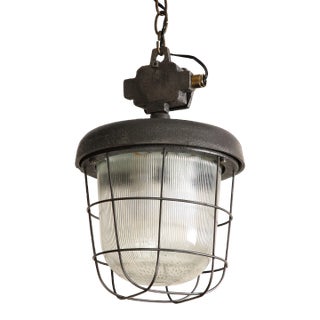 Set of 5 Industrial Style Cast Iron Cage Pendant Lights With Reeded Glass For Sale