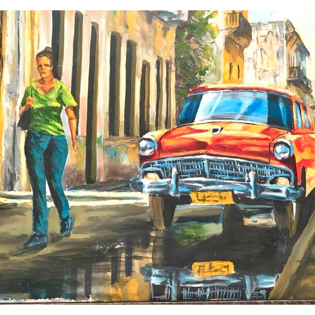Late 20th Century Painting Havana Street Oil on Canvas Vintage Cityscape Caribbean Decor For Sale - Image 4 of 6