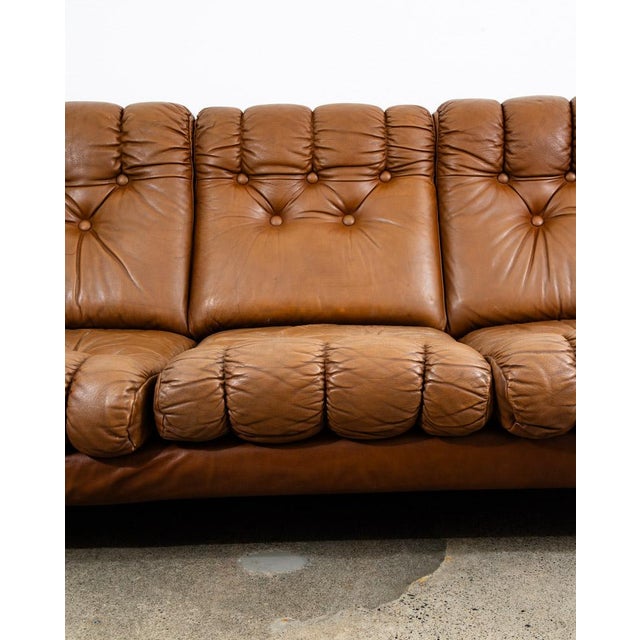Mid Century Danish Modern Sofa Couch Brown Caramel Leather Tufted 1970s