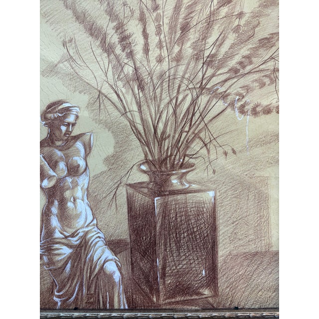A classical scene: Roman sculpture and large plant in square urn. Colored pencils and whitewash on paper, ready to hang in...
