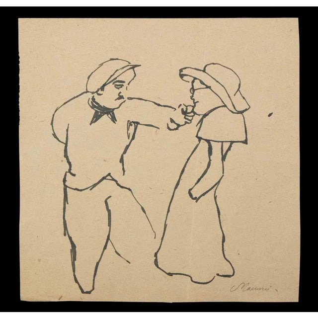 The Priest and the Worker is an original China Ink Drawing realized by Mino Maccari in mid-20th Century. Good condition on...