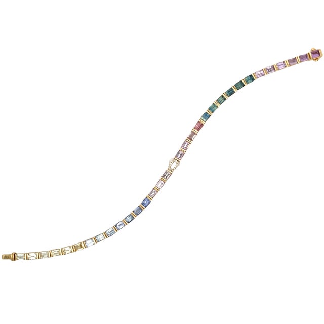 14k Yellow Gold Tennis Bracelet With Rainbow Sapphires and Diamonds For Sale In New York - Image 6 of 12