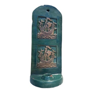 Antique Bucks County Art Pottery Ship Wall Candle Sconce Arts Crafts Green 10.5” For Sale