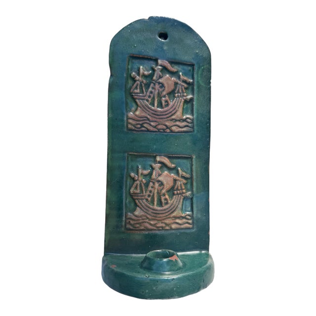 Antique Bucks County Art Pottery Ship Wall Candle Sconce Arts Crafts Green 10.5” For Sale
