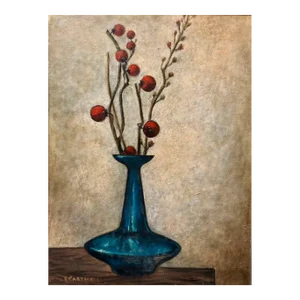 Helen Cartmell, Modernist Floral Arrangement in a Mod Vase 1957 Oil Painting 1957