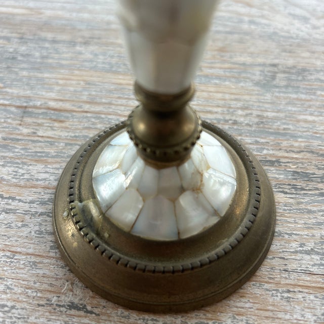 Art Deco 1970s Brass and Mother of Pearl Candle Sticks For Sale - Image 3 of 6