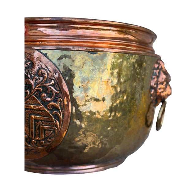 Large 14" Antique French Repoussé Copper Jardinière, 19th Century Alliance Coat of Arms Cachepot, Lion Head Handles, French Planter For Sale - Image 4 of 15