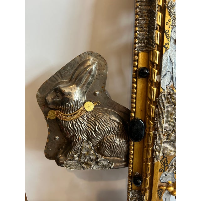 Fantastic and fun mixed media wall sculpture titled “Art Nouveau Bunnies” incorporating found ornate giltwood fragment,...