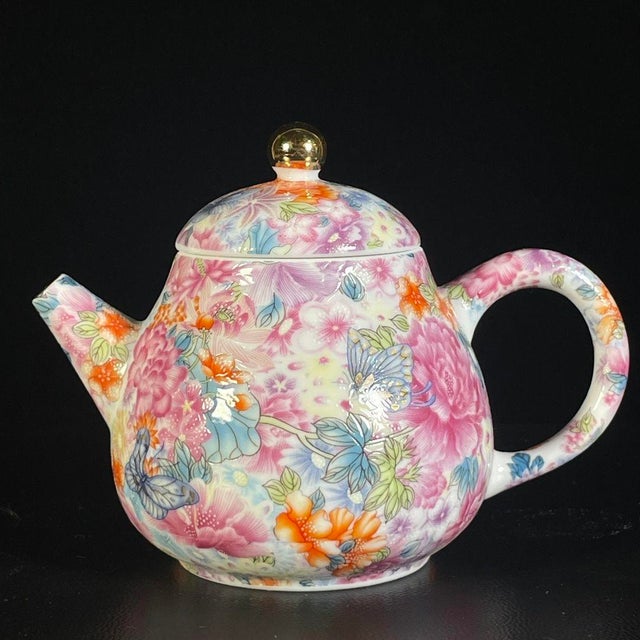 Chinese Late 20th Century Chinese Famille Rose Millefleur Porcelain Teapot & Tea Cup Set - Set of 5 For Sale - Image 3 of 9