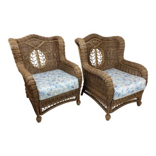 Vintage Boho Woven Rattan Lounge Club Wingback Chairs and Cocktail Table Aft McGuire - a Set For Sale