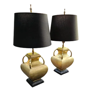 Mid 20th Century Vintage Hollywood Regency 4-Handle Brass Urn Table Lamps - Set of 2