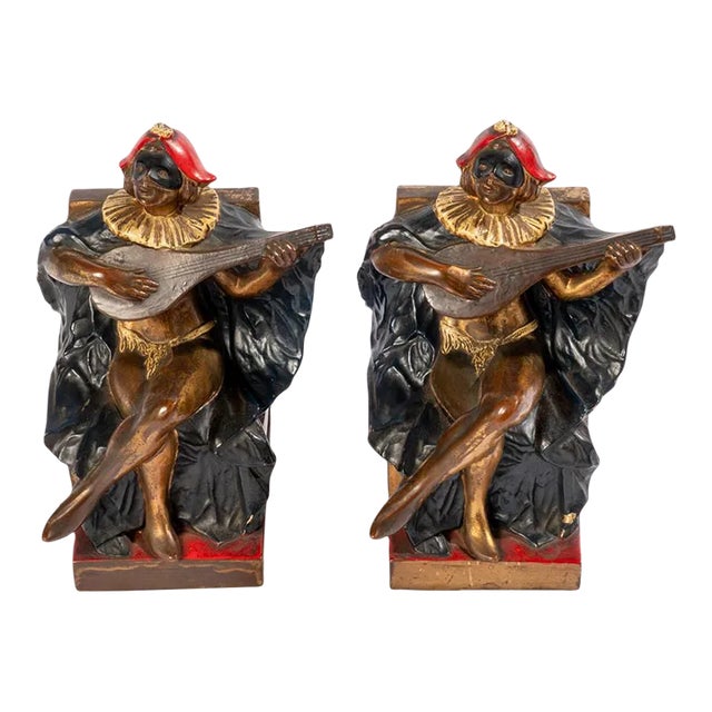 Pair of 1920s Pierrot Playing Mandolin Bookends For Sale