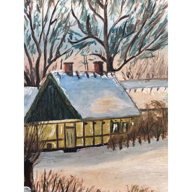 Textile Vintage Original Cottage Oil Painting: Framed Winter Landscape Art For Sale - Image 7 of 12