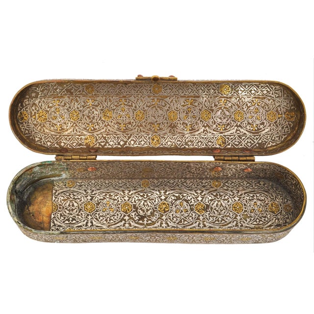 Islamic Antique Islamic 15th Century Mamluk Qalamdan Gold Silver Inlaid Brass Pen Box For Sale - Image 3 of 12