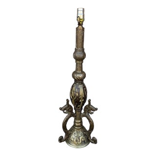 Mid 20th Century Chinese Archaistic Cast Brass Dragon Table Lamp - Attributed to James Mont For Sale