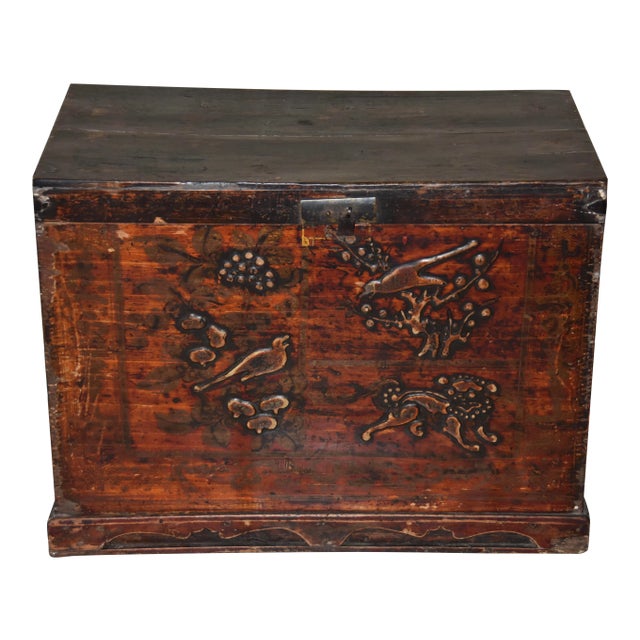 Antique Chinese Lacquer Hand Painted Coffer Carved Elm Wood Chest/Trunk For Sale