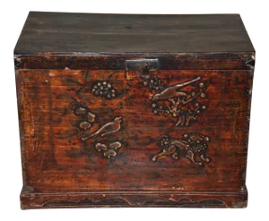 Antique Chinese Lacquer Hand Painted Coffer Carved Elm Wood Chest/Trunk