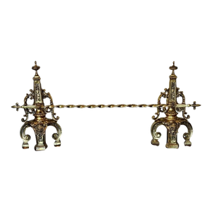 19th Century French Victorian Era Renaissance Revival Gilt Bronze Fireplace Andiron & Bar 3 Piece Set