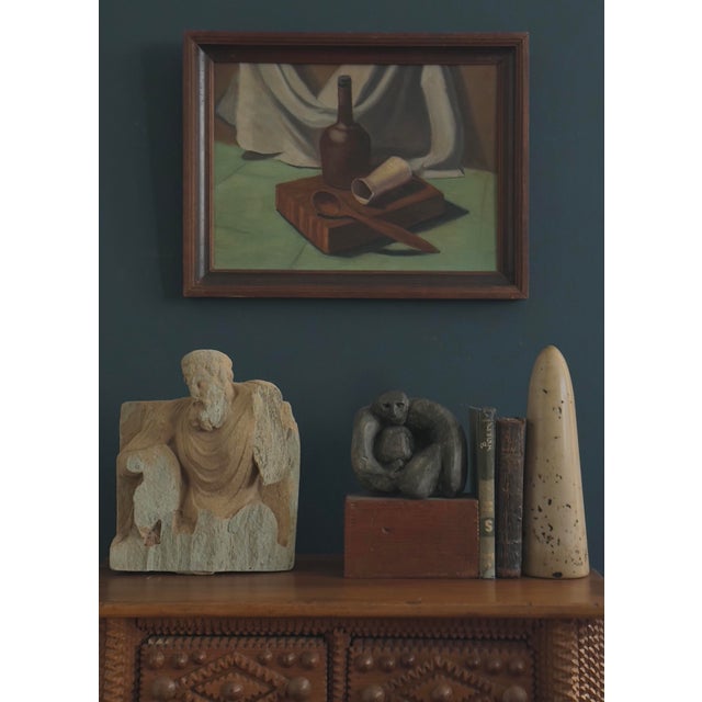Vintage Still Life with Cutting Board, Bottle, and Spoon, Signed (c. 1950, Oil on Board). Still life against a white drape...