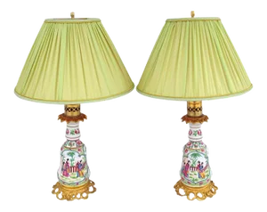 Vintage Canton Style Bayeux Porcelain Lamps, Set of 2