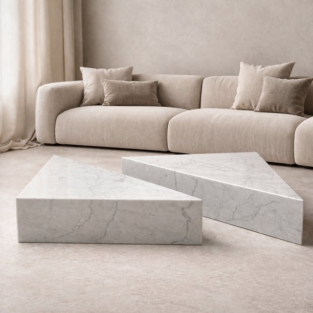 Triangular Tables in Carrara White by Andrea Grasso, Set of 2 For Sale - Image 6 of 8