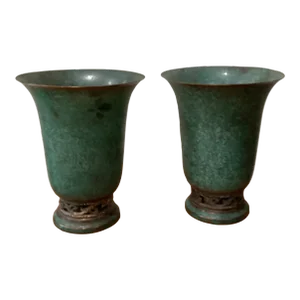 Pair of Antique Art Deco Bronze Trumpet Vases by Carl Sorensen Circa Early 20th Century