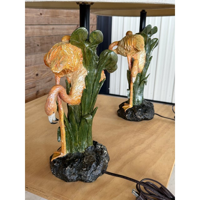 Plastic Pair of Vintage Coastal Sculptural Double Flamingo Table Lamps With Original Shades For Sale - Image 7 of 12