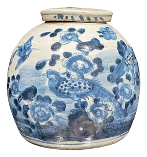 Chinoiserie Blue & White Porcelain Ginger Jar 10" H