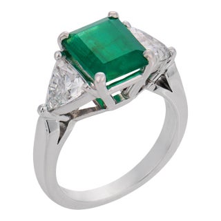 Vintage 1.84 Carat Emerald Diamond Platinum Three Stone Ring, Size 4 For Sale