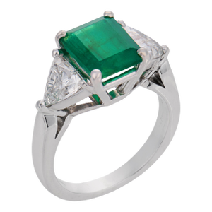 Vintage 1.84 Carat Emerald Diamond Platinum Three Stone Ring, Size 4