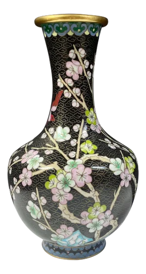 Vintage Chinese Cloisonné Gourd Vase With Flowers and Birds