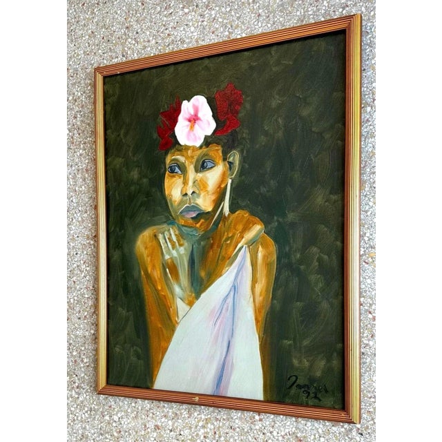 A striking vintage Boho original oil painting on canvas. A gorgeous composition of a young woman with flowers in her hair....