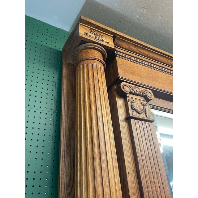 Late 1800s Renaissance Revival Solid Oak Mirrored Back Bar With Columns & Pabst Blue Ribbon Inscriptions For Sale In Chicago - Image 6 of 13