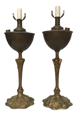 Antique French Art Nouveau Gilt Bronze and Brass Table Lamps - a Pair