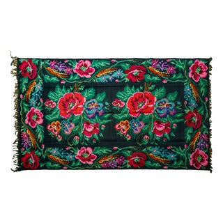 Vintage Romanian-Moldovan Bessarabian-Style Handwoven Wool Rug with Dark Floral Folk Pattern, Blue Field, and Fringe, 1970s For Sale