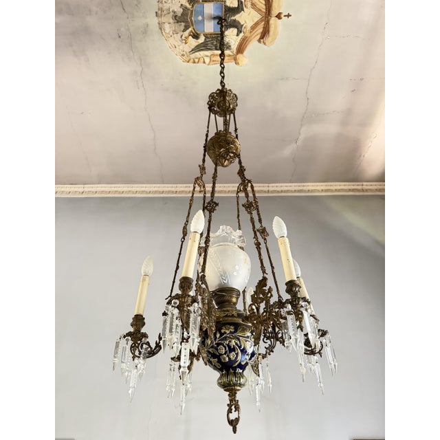 French 7-Light Chandelier in Bronze, Majolica and Crystal, 1930s For Sale - Image 6 of 8