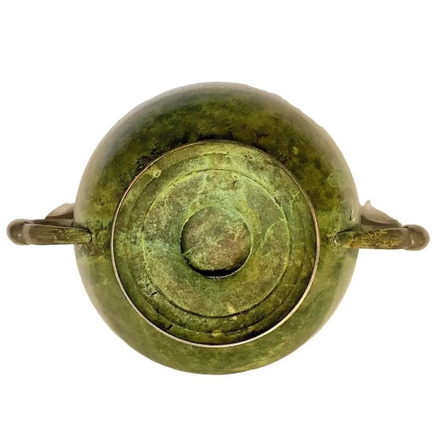 Vintage Swan Handled Hand Decorated Faux Verdigris Pedestal Centerpiece Bowl For Sale - Image 11 of 11