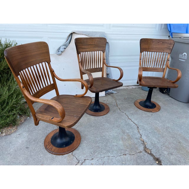 Antique Oak Courtroom Juror Chairs Set of 3 Cast Iron Base Early 1900s For Sale - Image 4 of 18