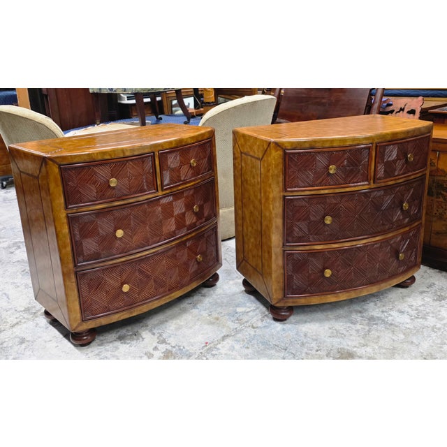 Late 20th Century Pair of Lineage Home Woven Rattan Front and Leather-Clad Bow Front Chest of Drawers For Sale - Image 12 of 18