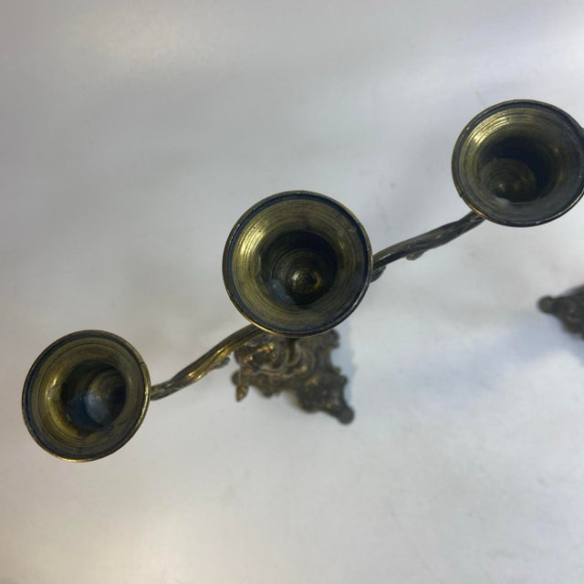 Vintage Pair Cherub Three Armed Candle Holder Cast Metal Italy Chateau Style For Sale - Image 9 of 11