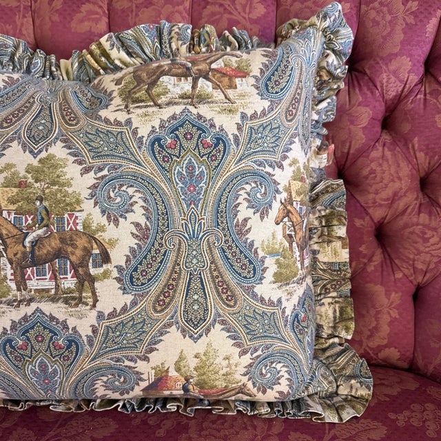 This is an extra large and extra comfy down and feather filled pillow made with a paisley equestrian toile heavy cotton...