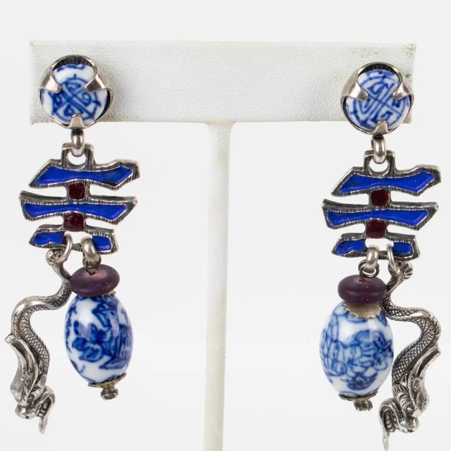 Modern Zoe Coste Silvered Metal and Enamel Dangle Pierced Earrings For Sale - Image 3 of 7