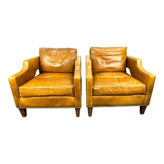 Vintage Theodore Alexander Cognac Leather Armchairs With Nailhead Trim, a Pair For Sale