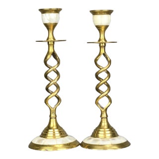 Pair of Vintage Solid Brass Mother of Pearl Barley Twist Candlestick Holders For Sale