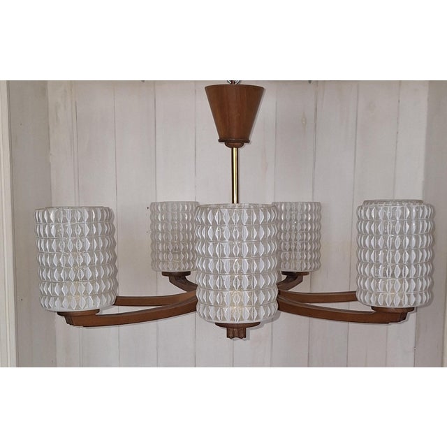 Vintage German Chandelier in Walnut, 1960s, in Very Good conditions. Designed 1960 to 1969 European Plug (up to 250V).The...